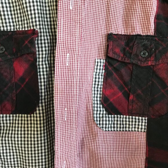 Upcycled Mixed Print Oversized Shirt, S to M: Red Black Gingham, Plaid Flannel - Picture 7 of 11